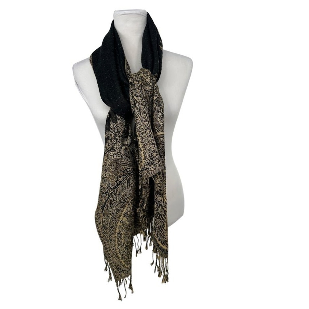 Pashmina Women OS Black Gold Paisley Silk Blend Scarf Shawl Boho Luxe Fringe
